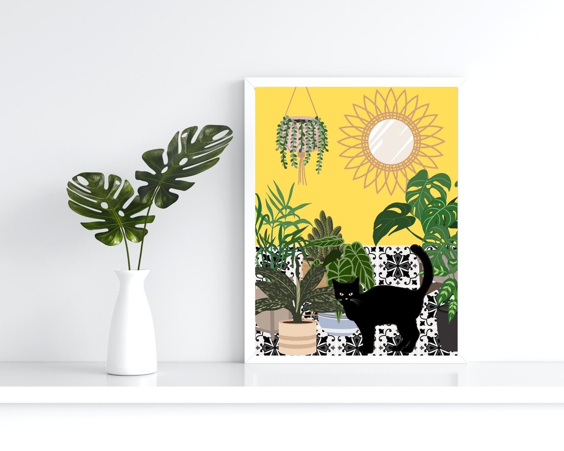 House Plants And Cat Boho Botanical Art Print - Image 2
