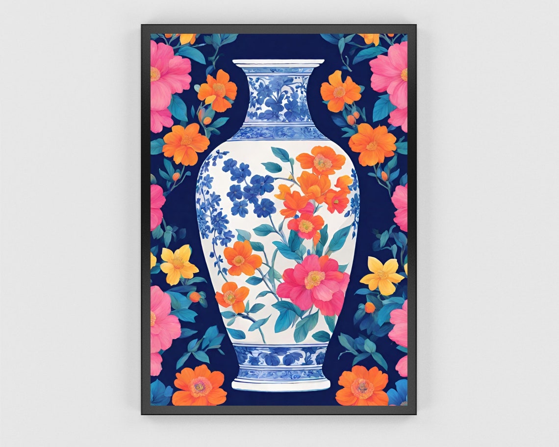 Blue Chinoiserie Vase Floral Art Navy Botanical Blossom Print - Image 3