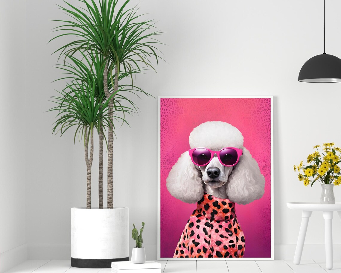 Pink Poodle Fashion Portrait Sunglasses Leopard Coat Wall Poster - Image 2