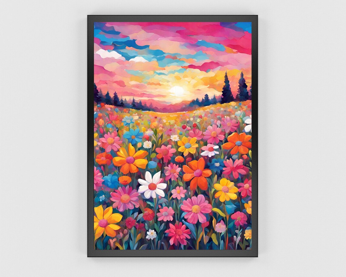Wildflower Meadow Sunset Art Colorful Daisy Field Landscape Print - Image 3