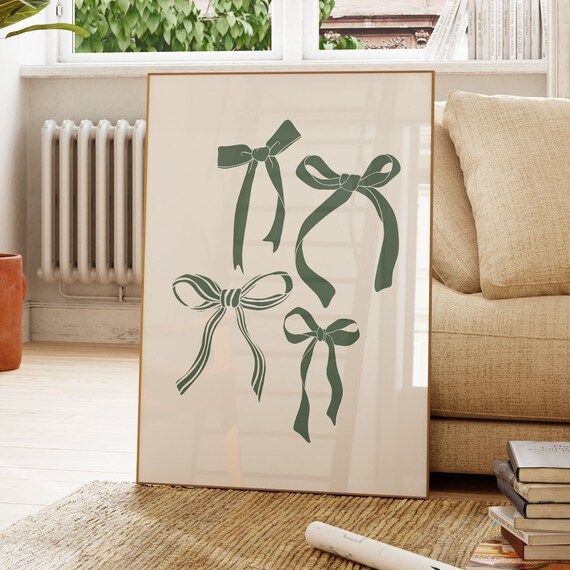 Sage Green Ribbon Bow Illustrations Coquette Room Decor Poster