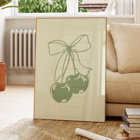Sage Green Cherry Bow Print Coquette Decor Trendy Preppy Wall Art Old Money College Apartment Girly Room