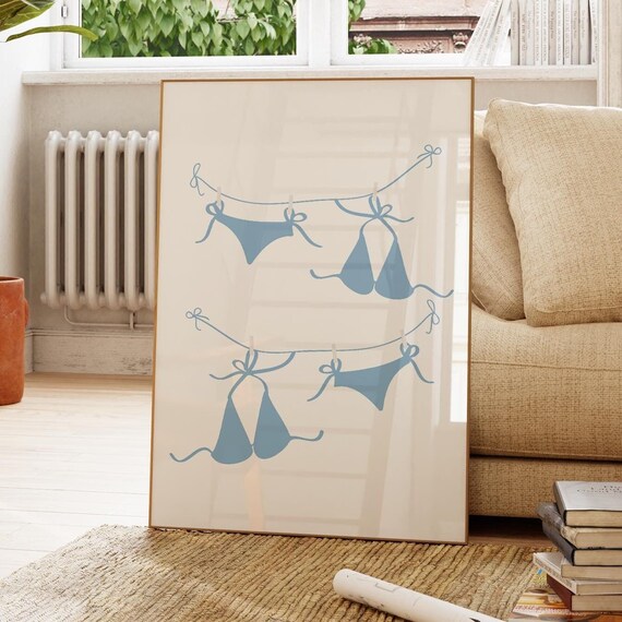 Blue Bikinis on a Line Coquette Coastal Summer Beach Wall Art