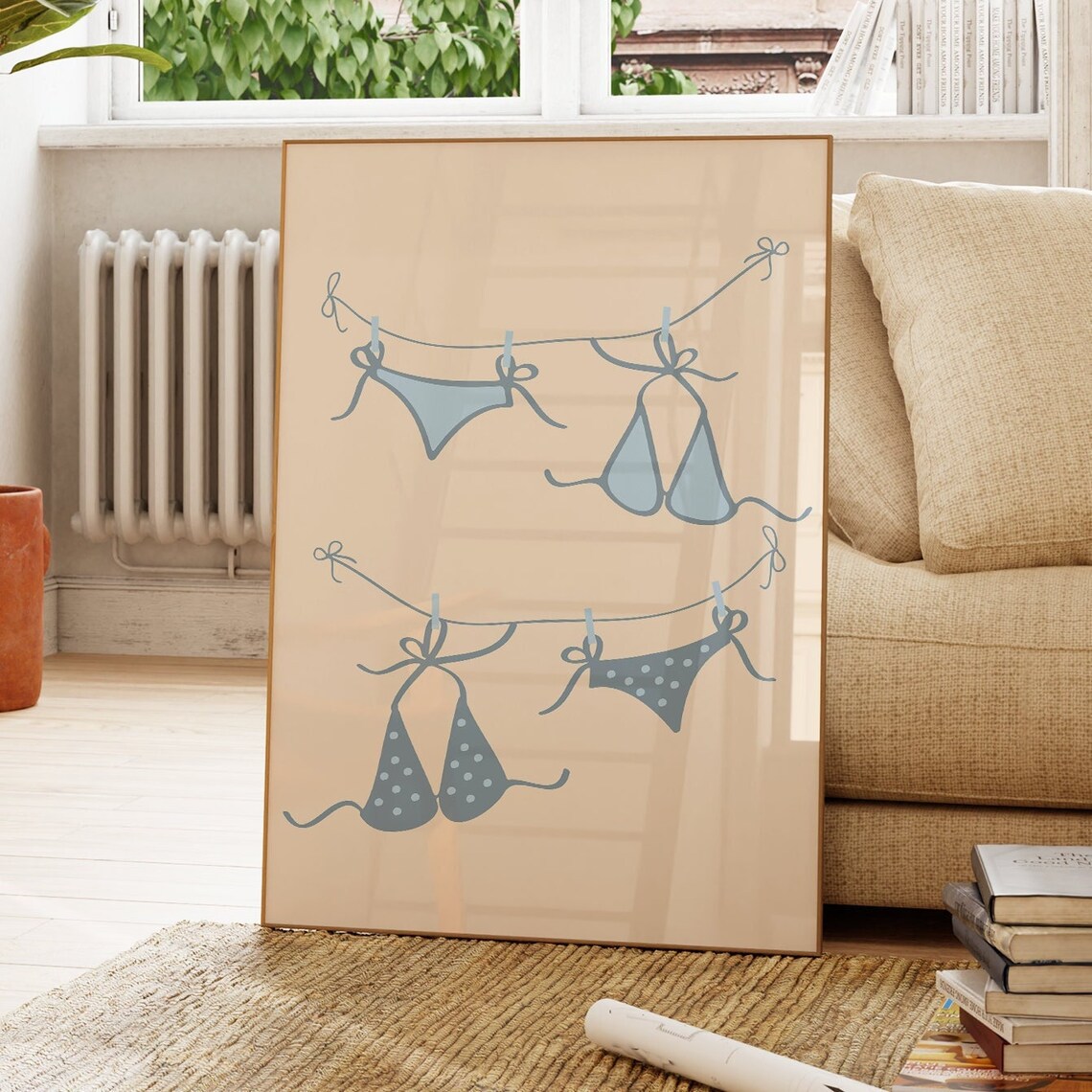 Bikini Tops on Clothesline Coastal Blue Beach House Art Poster