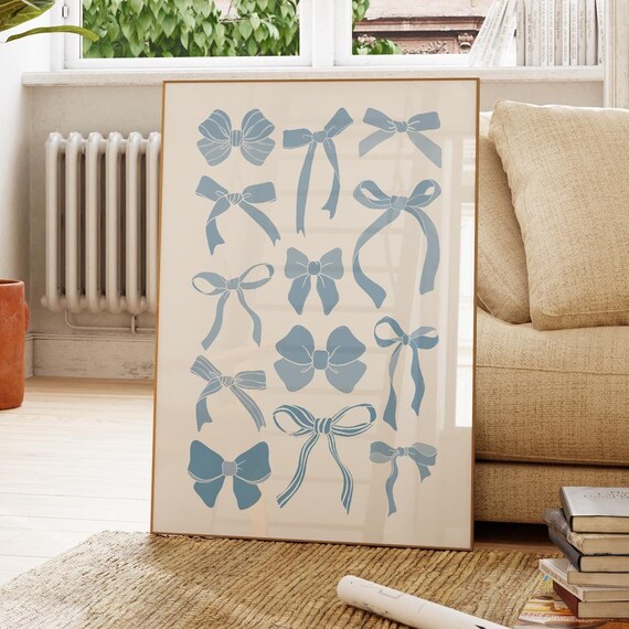 Blue Bow Grid Coquette Balletcore Preppy Dorm Room Decor Poster