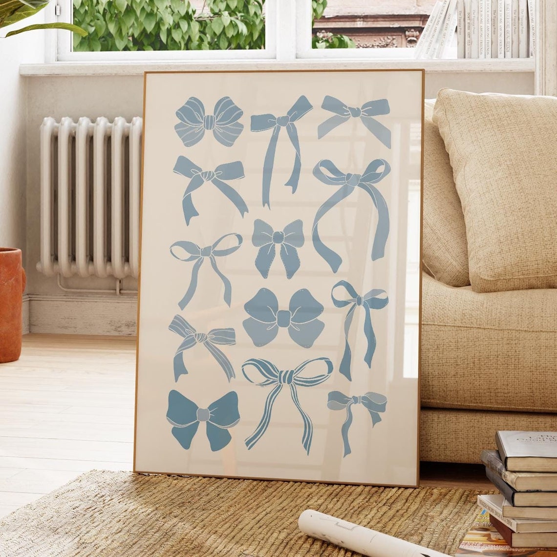Blue Bow Grid Coquette Balletcore Preppy Dorm Room Decor Poster