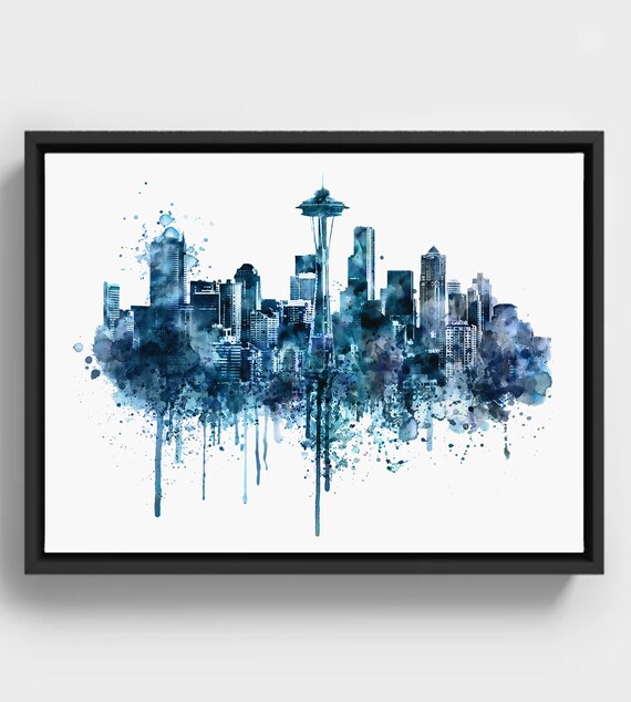 Seattle Skyline Watercolor Blue Urban Landscape With Space Needle Instant