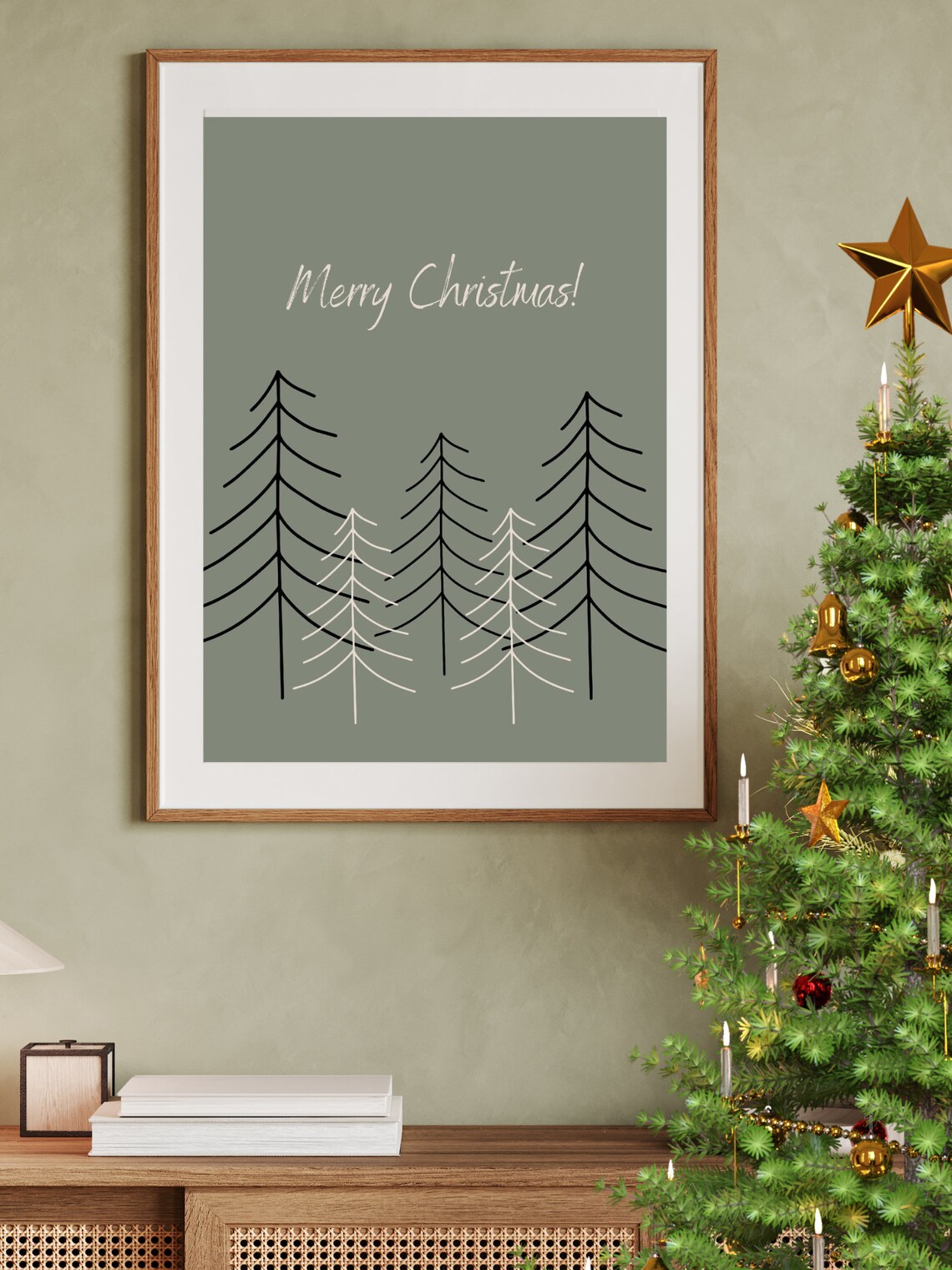 Merry Christmas Minimalist Pine Trees Sage Green Holiday Poster - Image 4