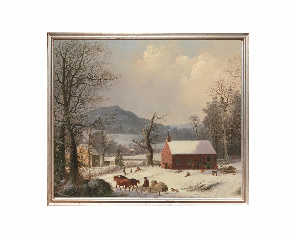 Vintage Winter Red Schoolhouse Snow Scene Classic Holiday Poster