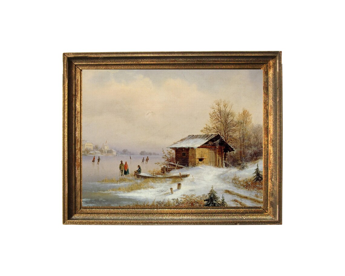 Vintage Winter Lake Cabin Snow Skaters Oil Painting Style Poster - Image 5