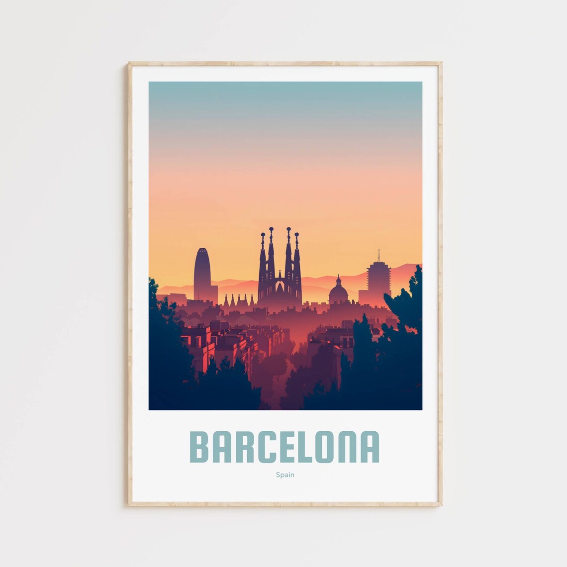 Barcelona Sagrada Familia Sunset Skyline Vintage Travel Poster