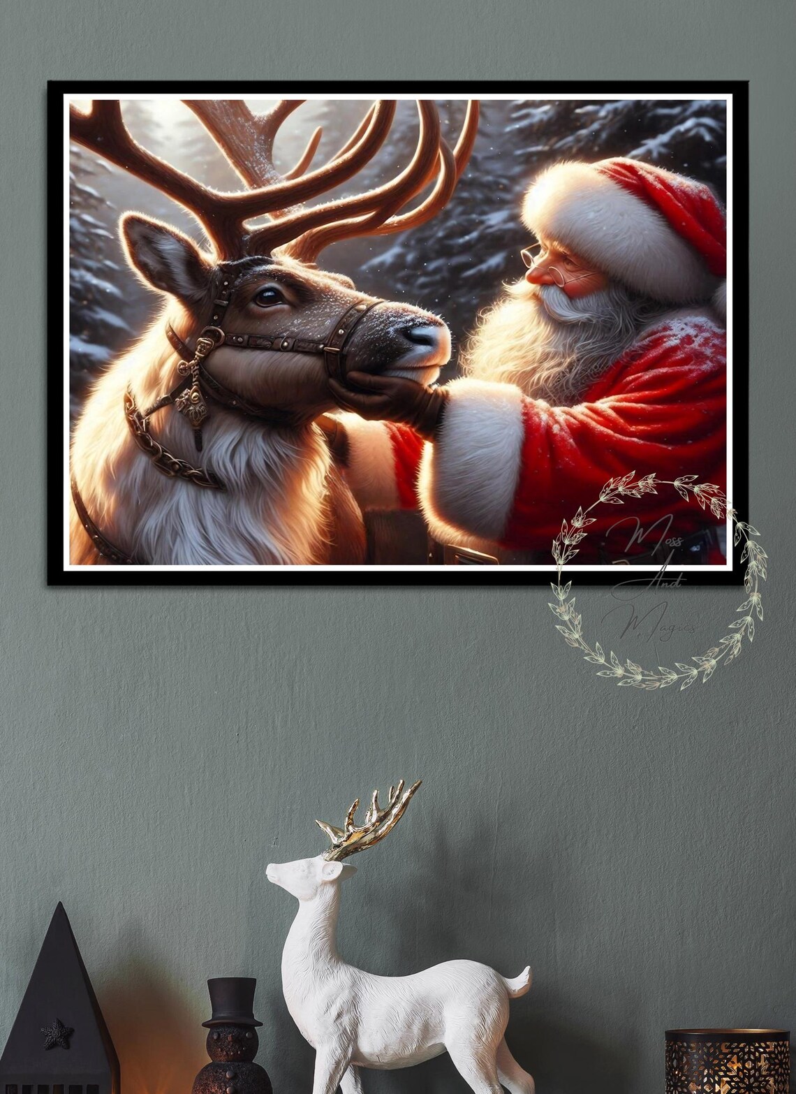 Santa Claus Holding His Reindeer in the Snowy Forest Art Poster