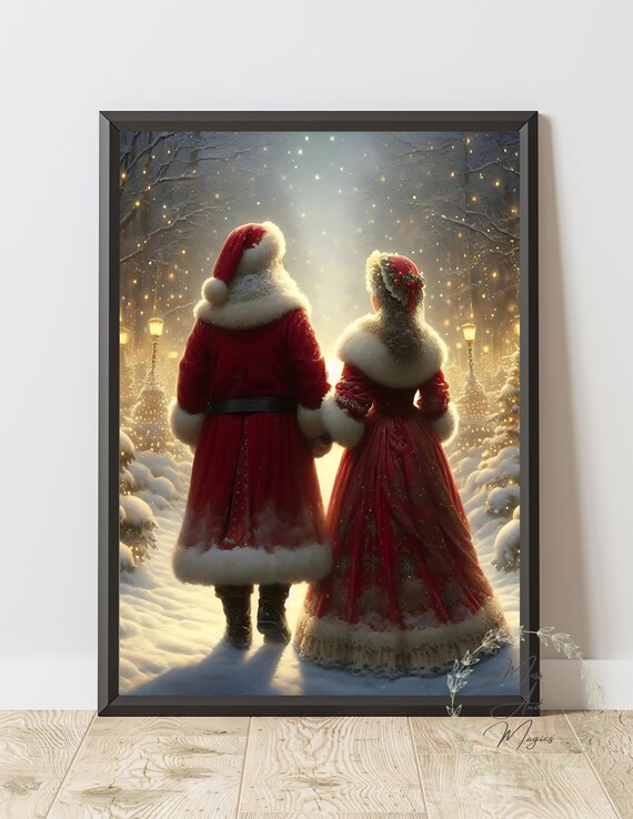 Santa and Mrs Claus Walking in Snowy Magical Christmas Art Poster