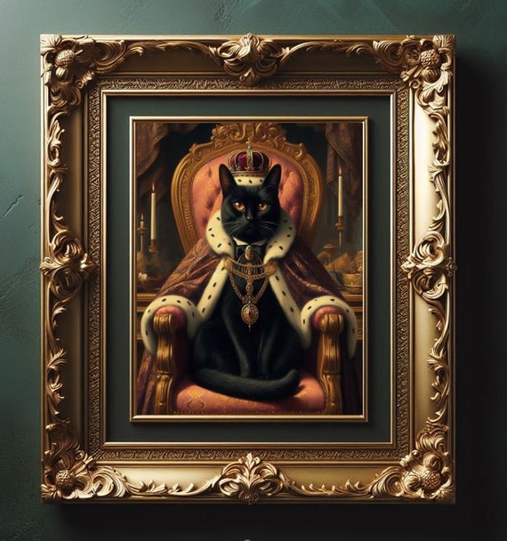 Black King Cat Royal Renaissance Vintage Dark Academia Oil Painting Print Art Wall Picture Photo Poster