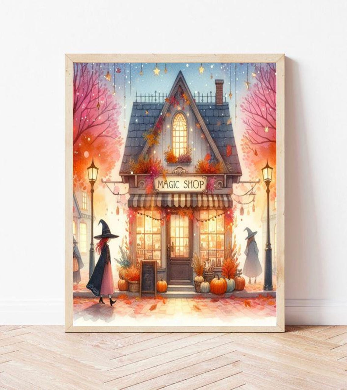 Cozy Magic Shop With Witch Pumpkins Autumn Fantasy Watercolor Poster