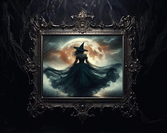 Witch Silhouette Under a Glowing Copper Moon Dark Gothic Art Poster
