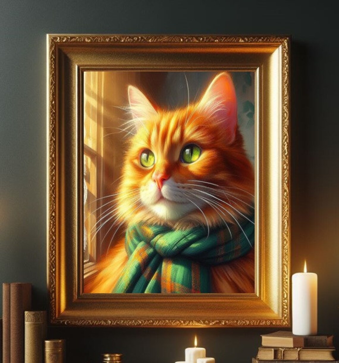 Fluffy Orange Cat in Green Plaid Scarf Cozy Portrait Art Poster
