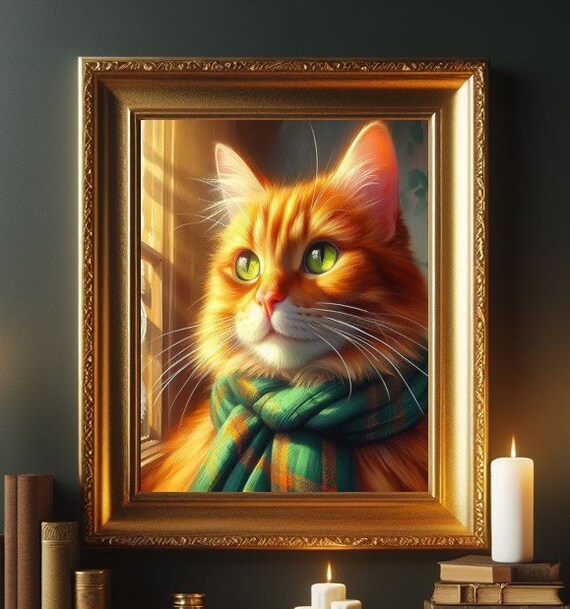 Fluffy Orange Cat in Green Plaid Scarf Cozy Portrait Art Poster