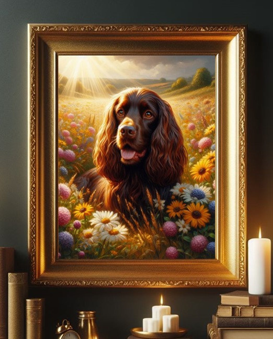 English Cocker Spaniel Chocolate Brown Puppy Dog Field Of Flowers With Sunlight Physical Painting Art Print Photo Poster Wall Picture