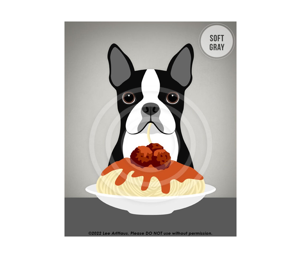 Boston Terrier Spaghetti Meatballs Plate Funny Italian Food Poster