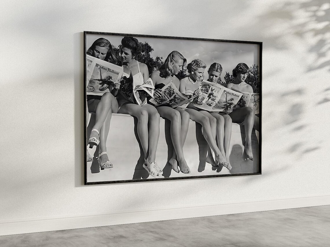 Women Reading Newspaper Vintage Black and White Art Print - Image 3