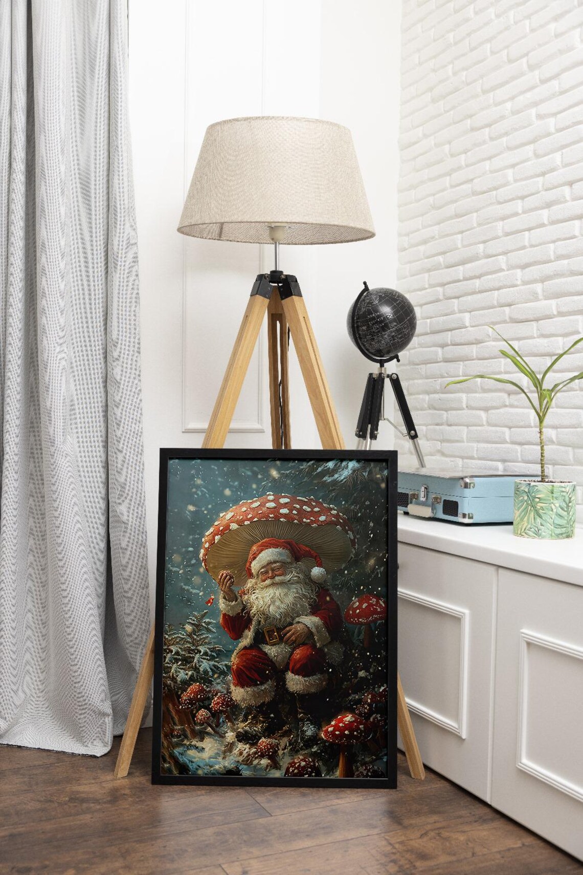 Santa Claus Under Giant Mushroom In Snowy Forest Whimsical Holiday Poster - Image 2