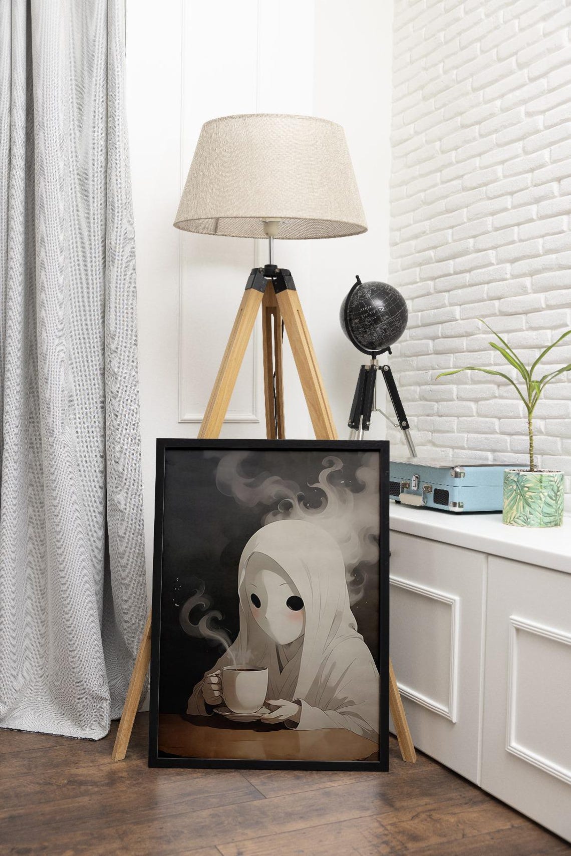 Adorable Little Ghost Girl Drinking Coffee Dark Halloween Poster - Image 3