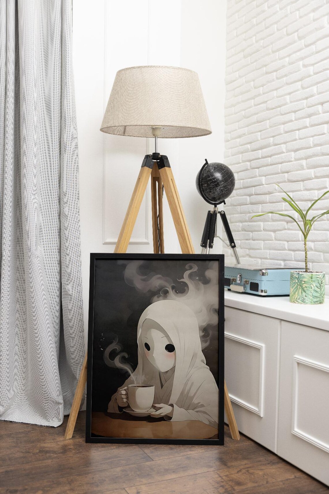 Spooky Cute Ghost Drinking Coffee Halloween Ghost Coffee Bar Art Print Kitchen Wall Art - Image 3