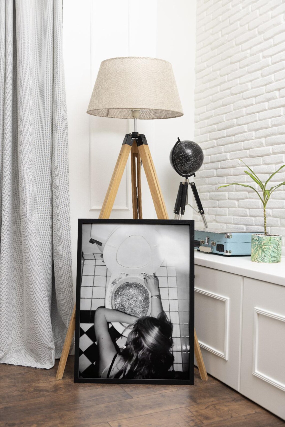 Woman at Glitter Toilet After Party Black and White Photo Poster - Image 2