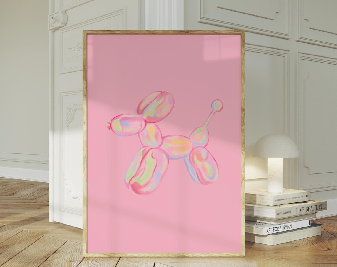 Pink Balloon Dog Pastel Watercolor Playful Preppy Room Poster