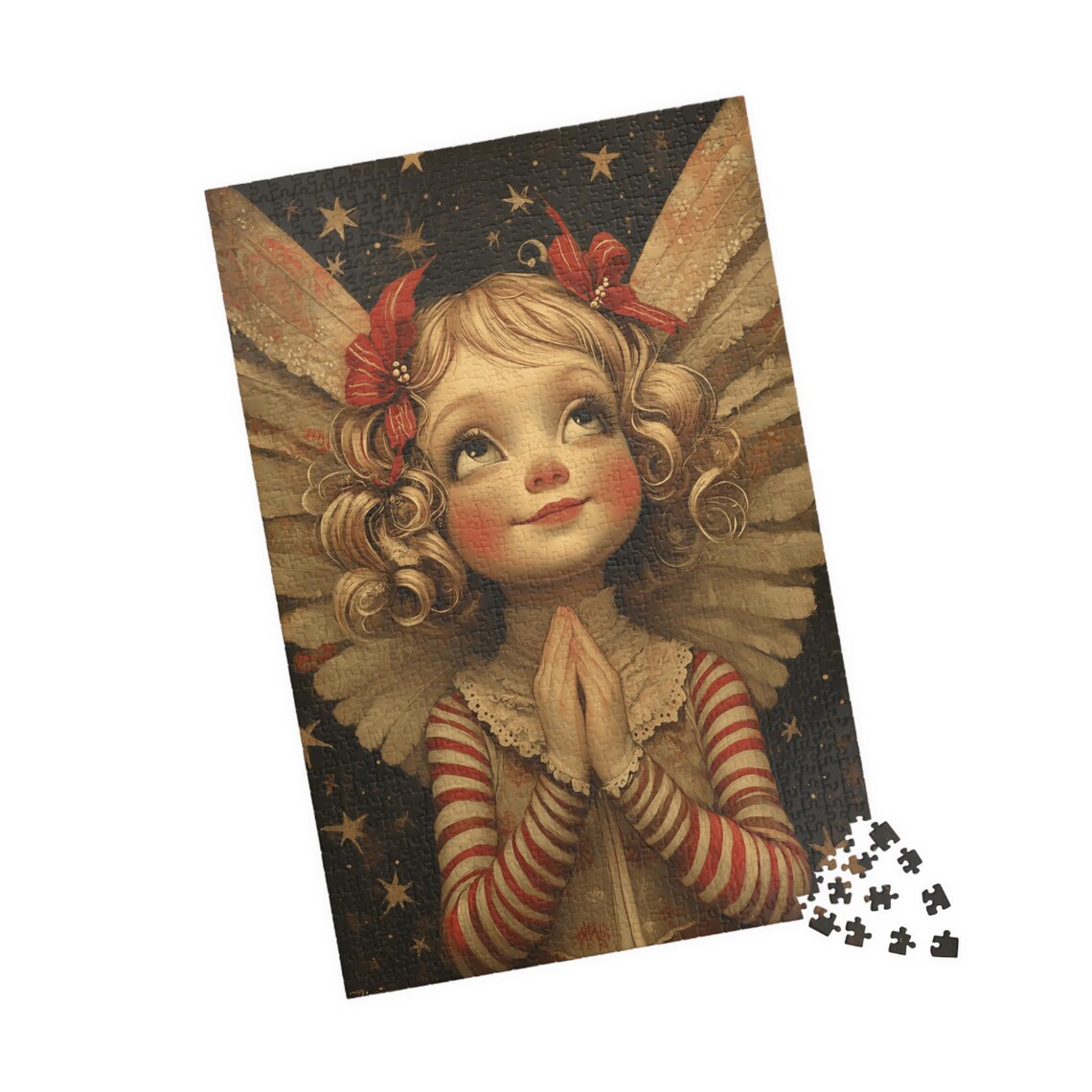 Little Angel Girl With Red Bows Praying Beneath Golden Stars Poster - Image 4