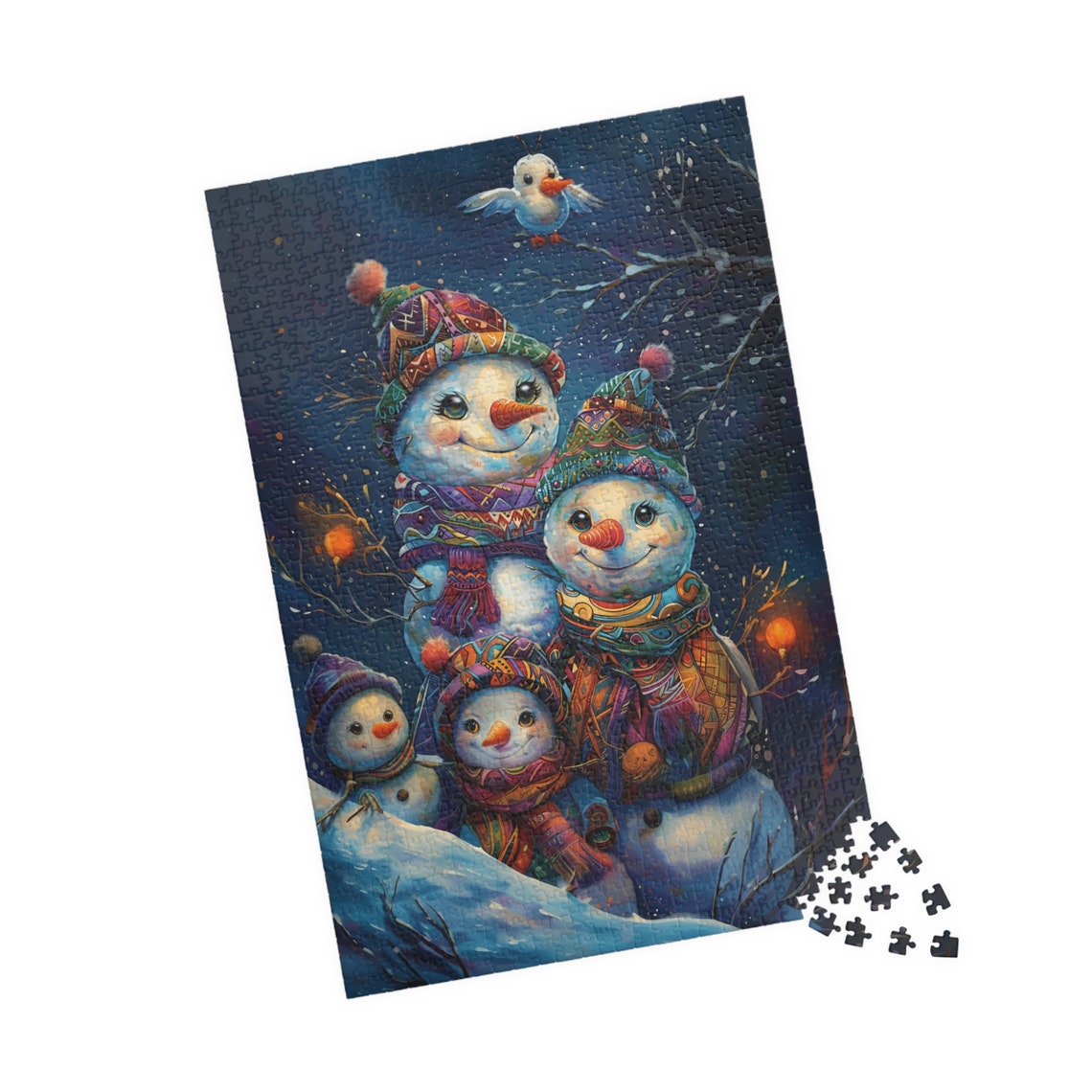 Four Colorful Snowman Kids in Patterned Hats Under Starry Night Poster - Image 4