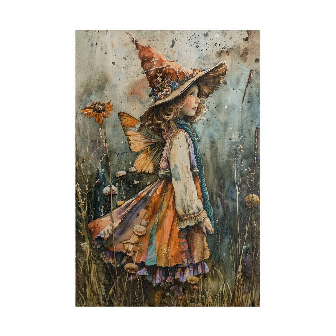 Watercolor Fairy Girl with a Witch Hat in a Wildflower Field Print - Image 3