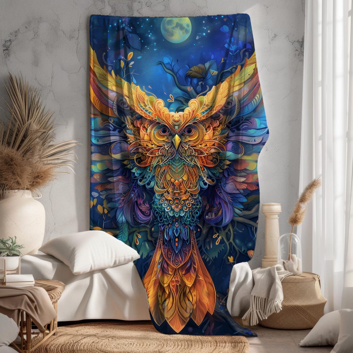 Psychedelic Owl in Flight with Colorful Ornate Feathers Art Poster - Image 2