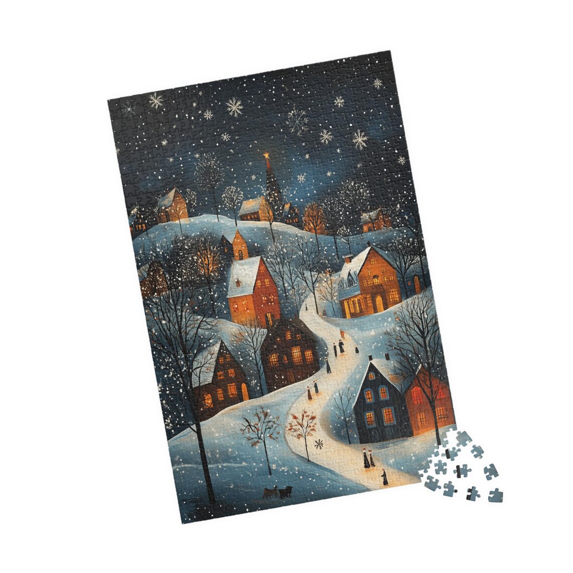 Scandinavian Snowy Village Night With Starlit Church Spire Folk Poster - Image 4