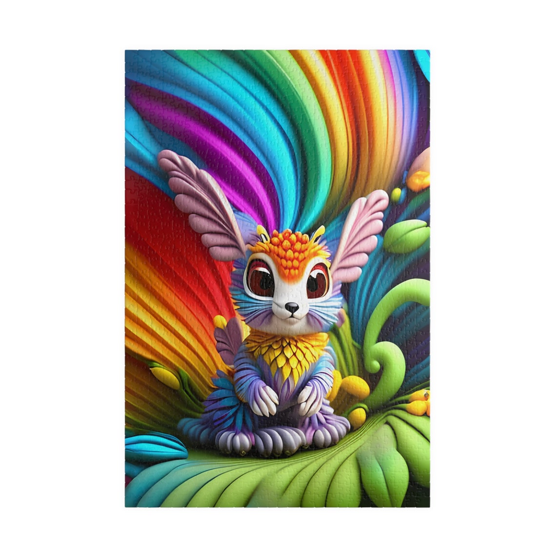 Diversa Rainbow Feather Fantasy Bunny Sitting on Green Leaf Poster - Image 3