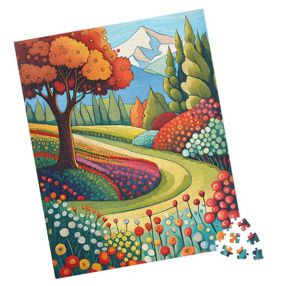 Colorful Whimsical Landscape Puzzle Bohemian Folk Art Zigsaw Relaxing For One Fun For A Group Unique Gift For Hospital Patients