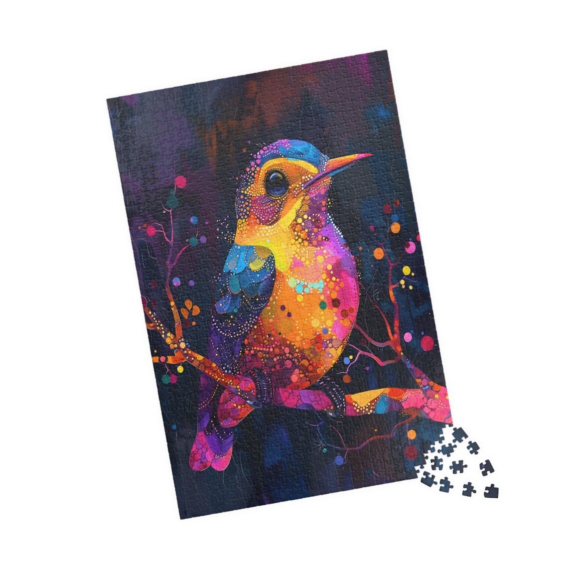 Vibrant Mosaic Colorful Bird Perched On Branch At Night Art Poster - Image 4