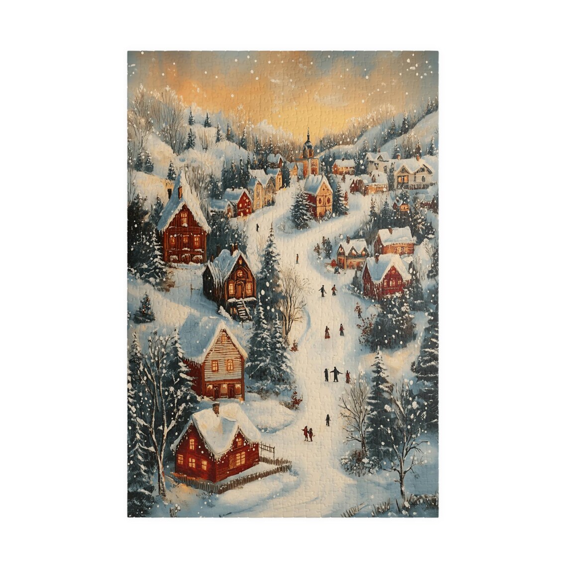 Scandinavian Snowy Village Sunset Skiers Folk Art Winter Poster - Image 3