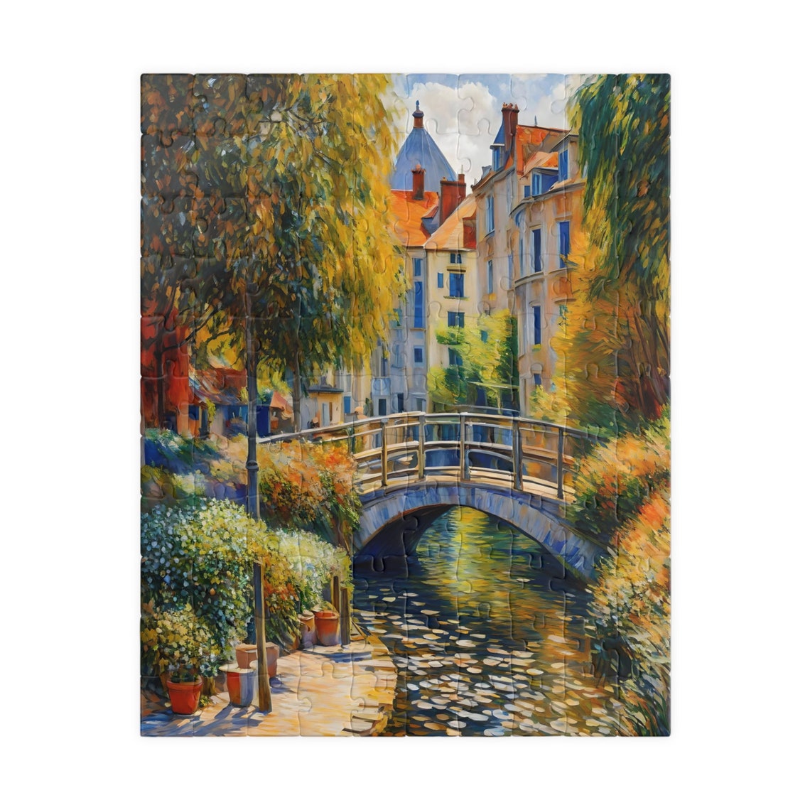 European Canal Town Stone Bridge Impressionist Landscape Poster - Image 2