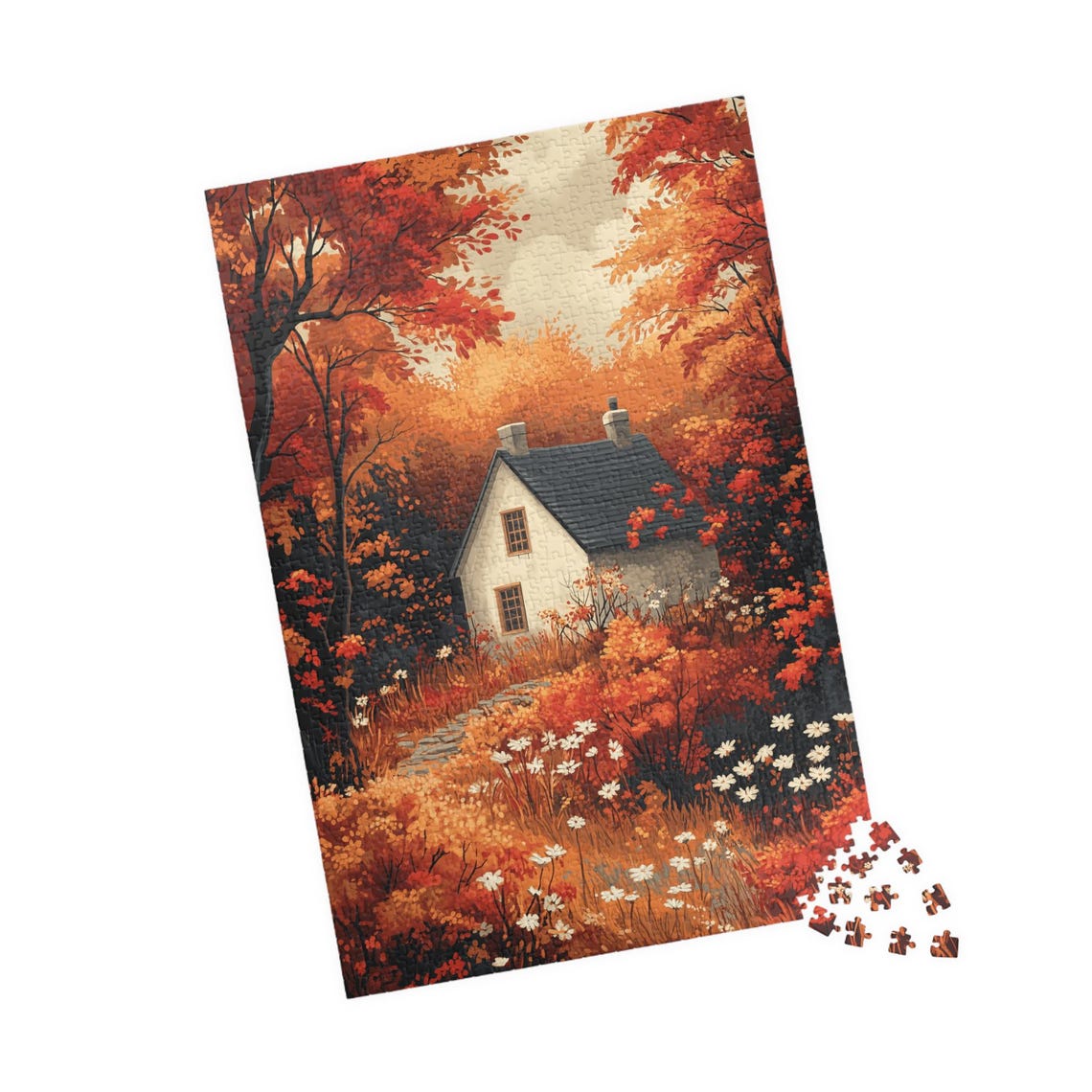 Cozy Cottage In A Fiery Autumn Forest With Wildflowers Art Print - Image 4