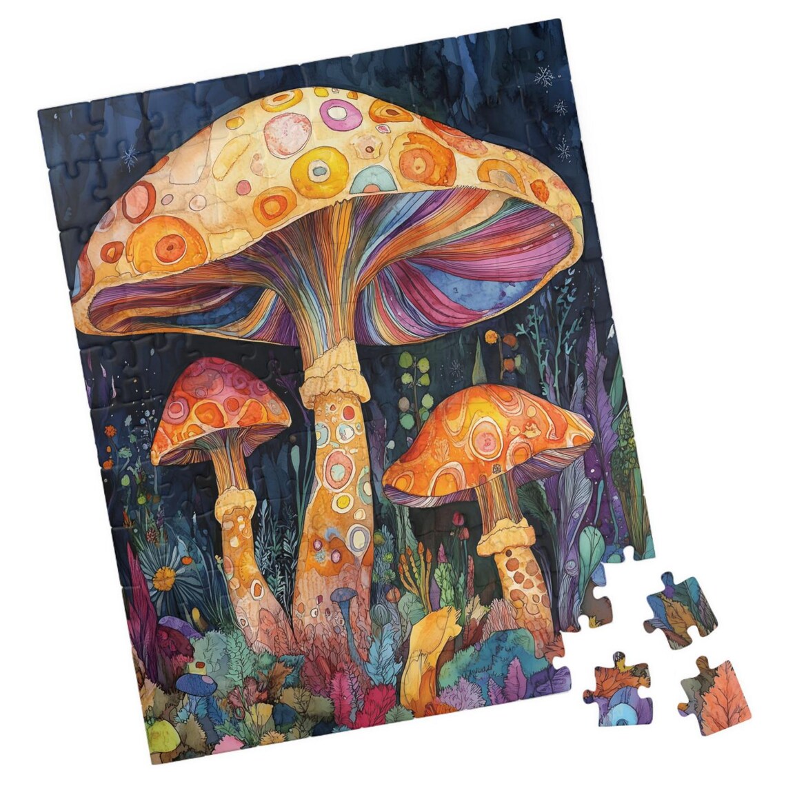 Rainbow Mushroom Watercolor Night Forest Fantasy Garden Art Poster