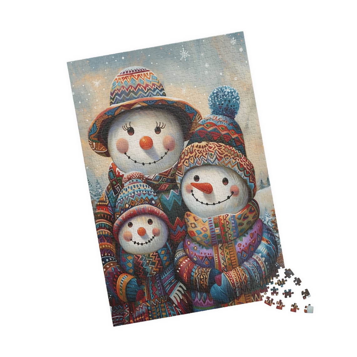 Three Cheerful Snowmen In Colorful Winter Knitwear Art Poster - Image 4