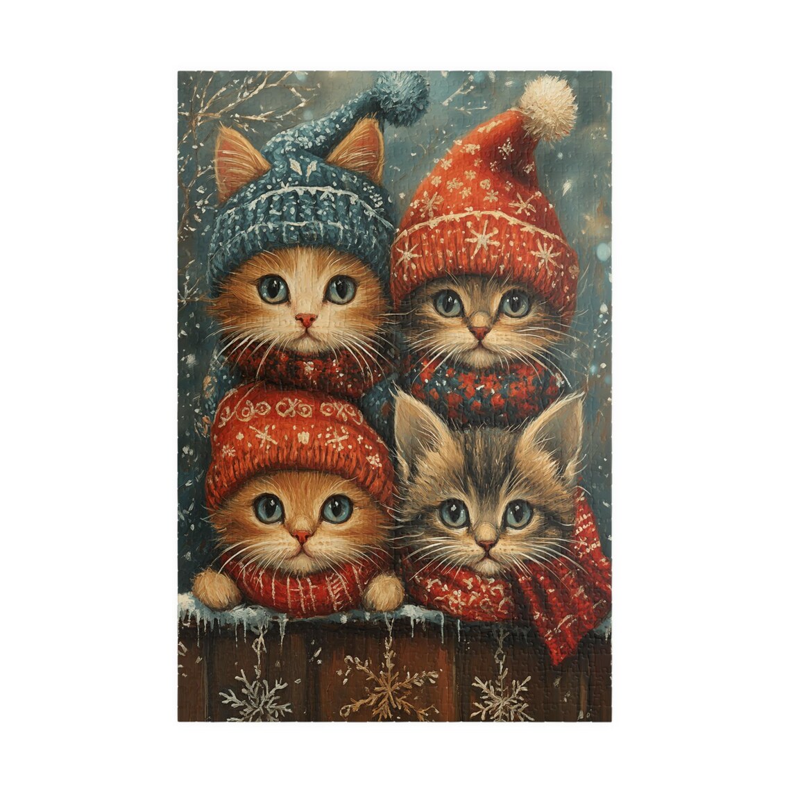 Four Cute Kittens in Knit Hats and Scarves on Snowy Fence Cat Poster - Image 3