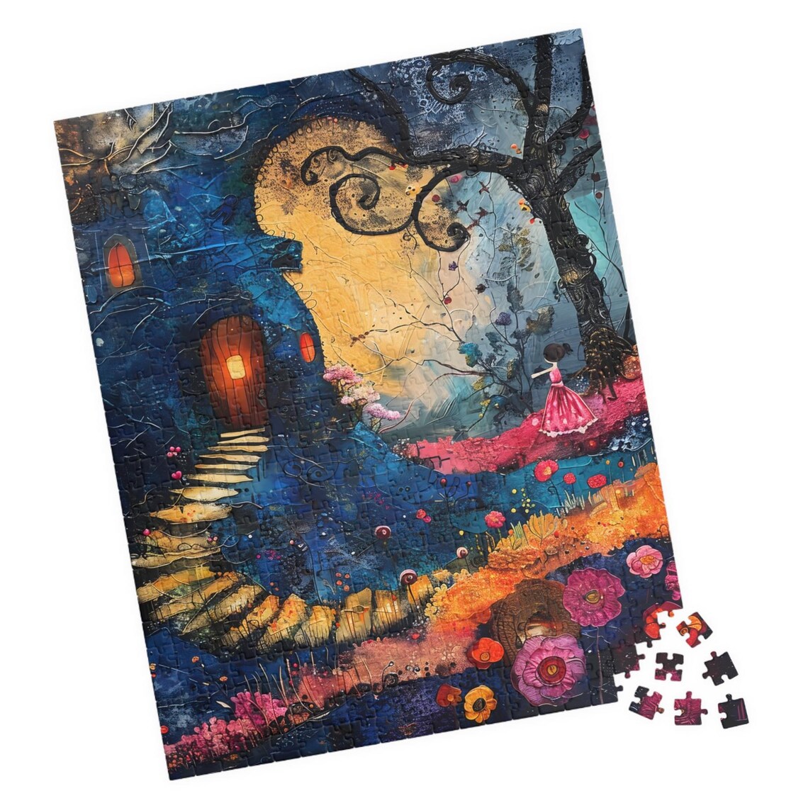 Moonlit Tree Cottage With Little Girl Pink Dress Night Fantasy Poster