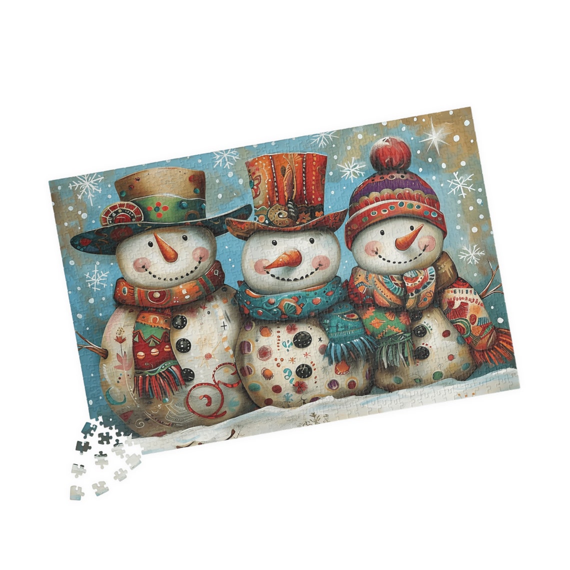 Three Whimsical Snowmen In Tall Decorated Winter Hats Art Poster - Image 4