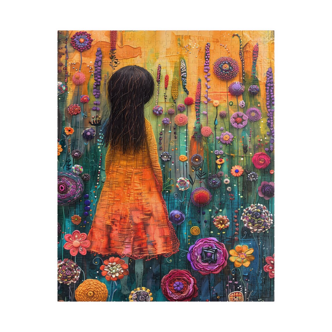 Girl in Orange Dress Walking Through a Textured Flower Garden Poster - Image 5