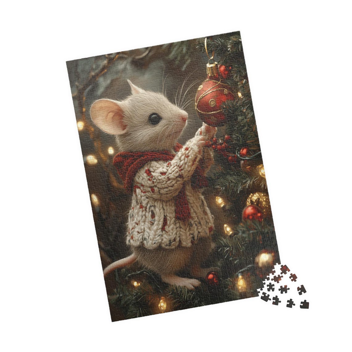 White Mouse in a Knit Sweater Decorating a Christmas Tree Print - Image 4