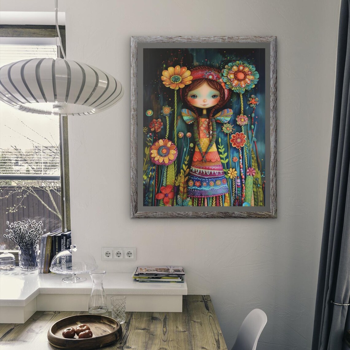 Doll Like Fairy Girl Among Giant Flowers Dark Floral Art Poster - Image 2