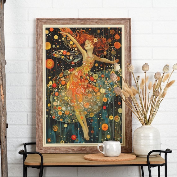 Dancing Red-Haired Fairy in a Swirling Patterned Dress Poster